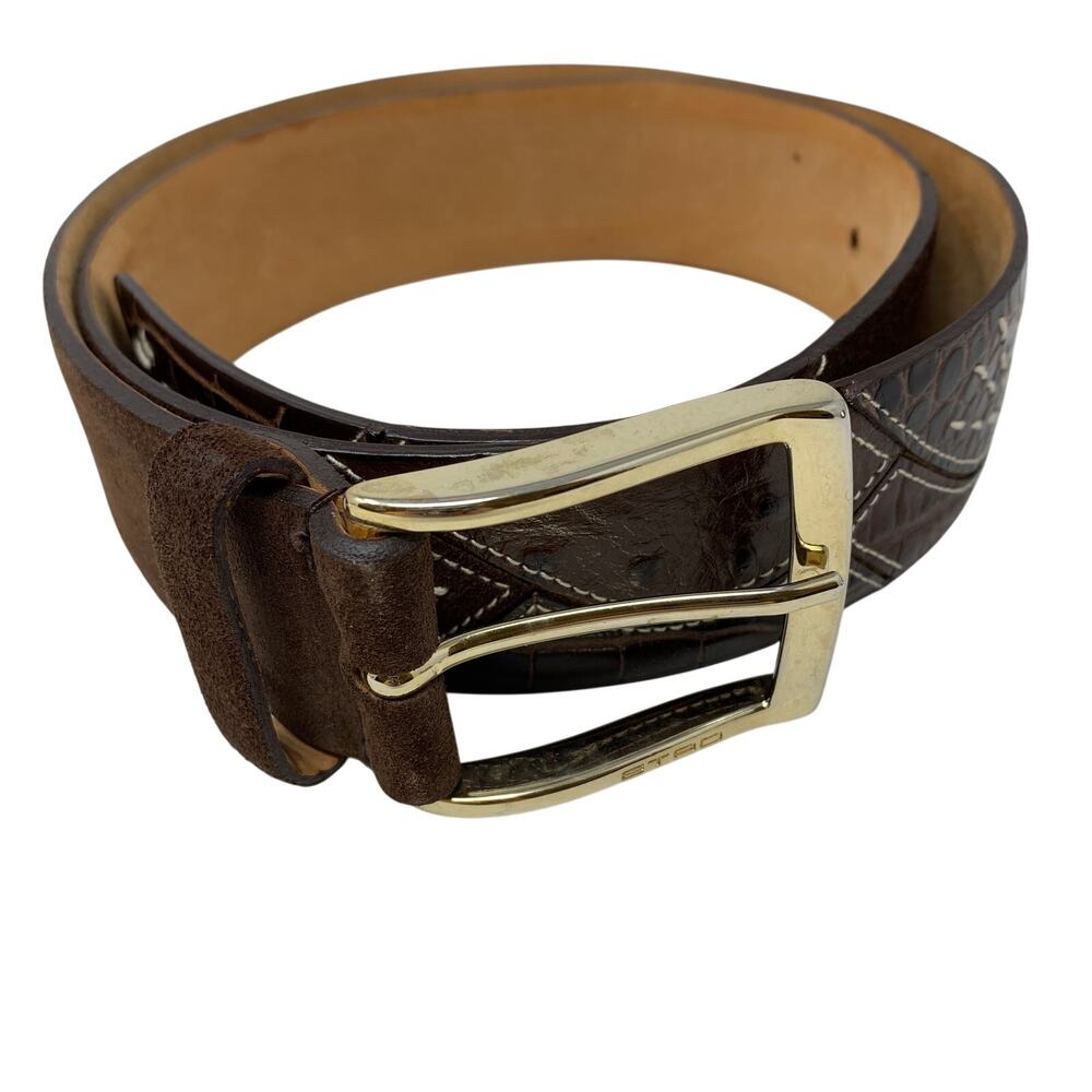 Etro Leather Belt Brown Patchwork Leather Decorative Stitching Size 85 US 34